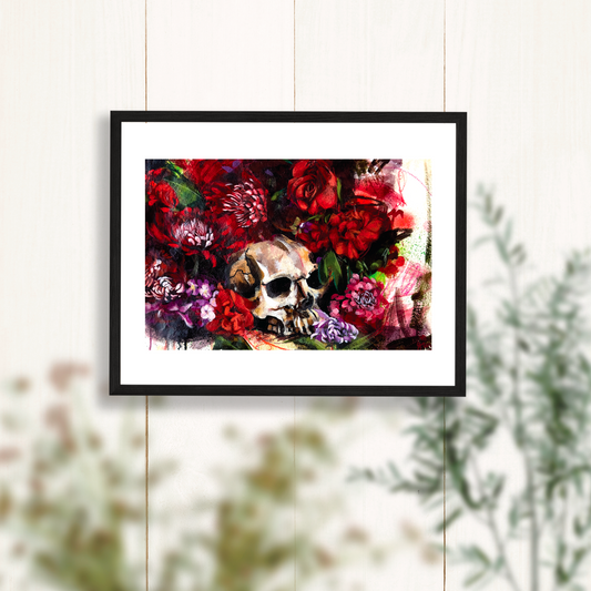 Red Flowers Skull Art Print